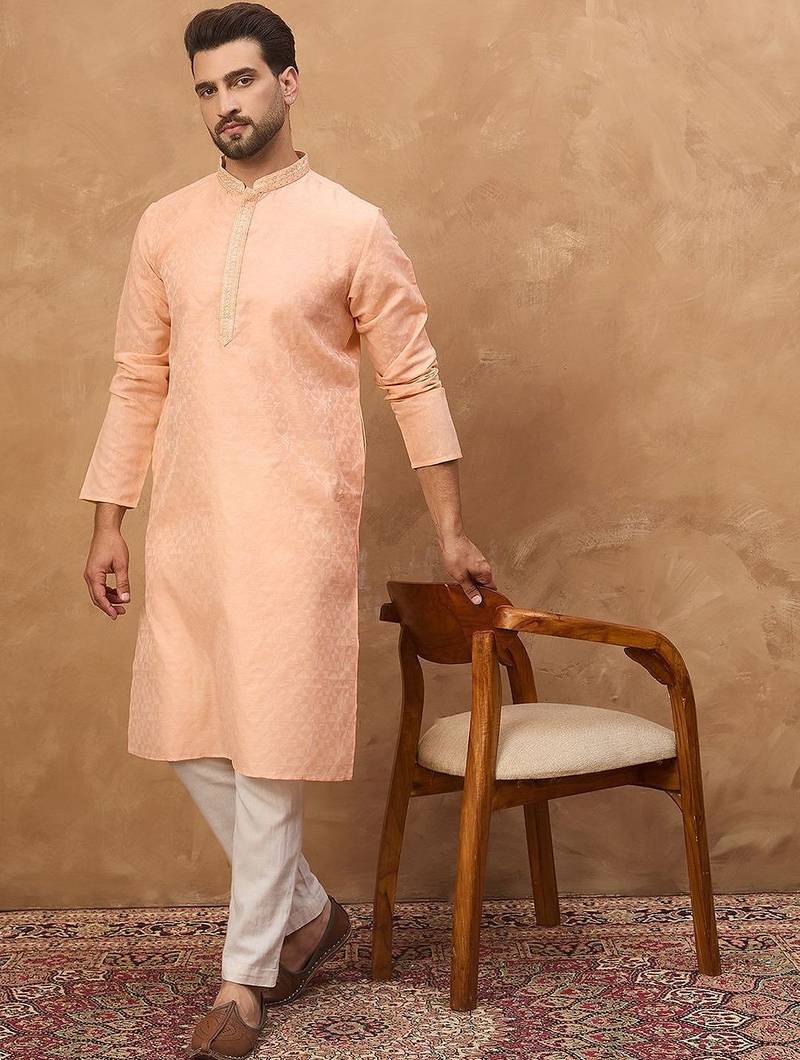 Men peach silk blend solid embroidered straight kurta with pant set
