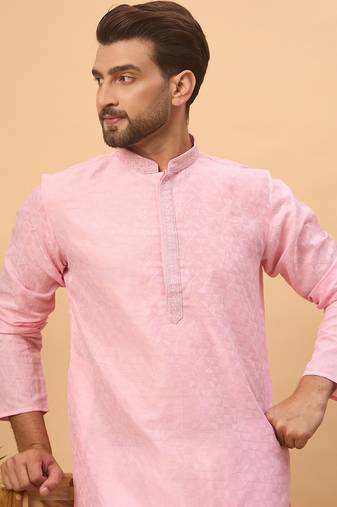 Men pink silk blend solid embroidered straight kurta with pant set