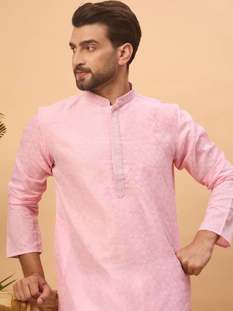 Men pink silk blend solid embroidered straight kurta with pant set