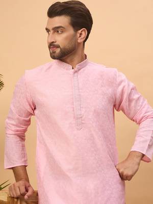Men pink silk blend solid embroidered straight kurta with pant set 1