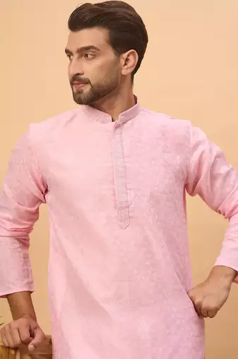 Men pink silk blend solid embroidered straight kurta with pant set