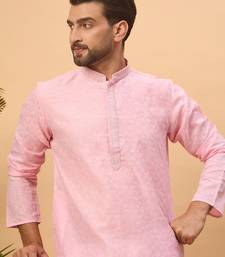 Men pink silk blend solid embroidered straight kurta with pant set
