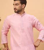 Men pink silk blend solid embroidered straight kurta with pant set