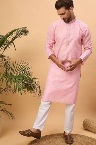 Men pink silk blend solid embroidered straight kurta with pant set