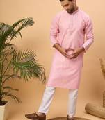 Men pink silk blend solid embroidered straight kurta with pant set