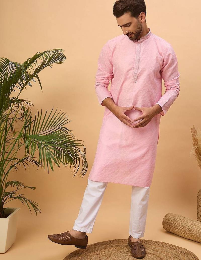 Men pink silk blend solid embroidered straight kurta with pant set
