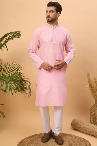 Men pink silk blend solid embroidered straight kurta with pant set
