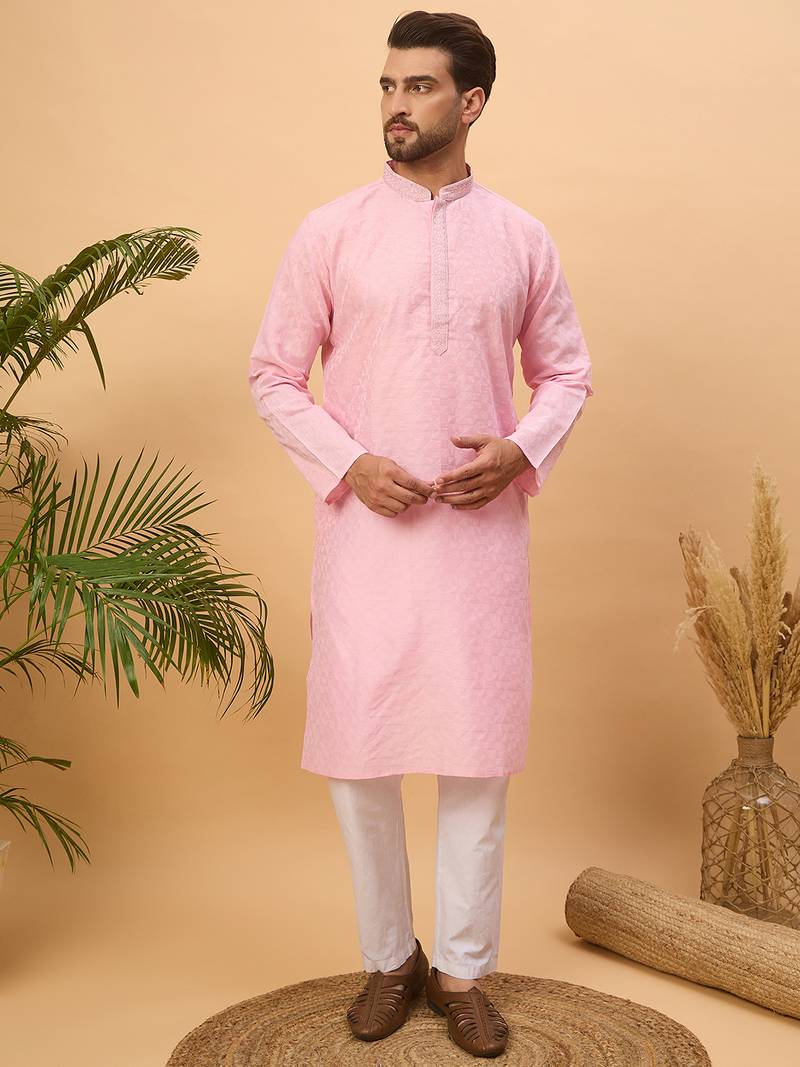 Men pink silk blend solid embroidered straight kurta with pant set