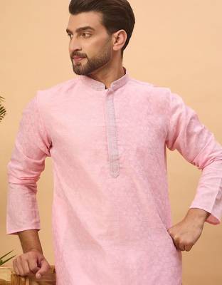 Men pink silk blend solid embroidered straight kurta with pant set 2