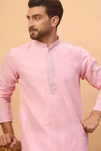 Men pink silk blend solid embroidered straight kurta with pant set