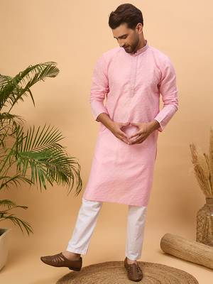 Men pink silk blend solid embroidered straight kurta with pant set 3