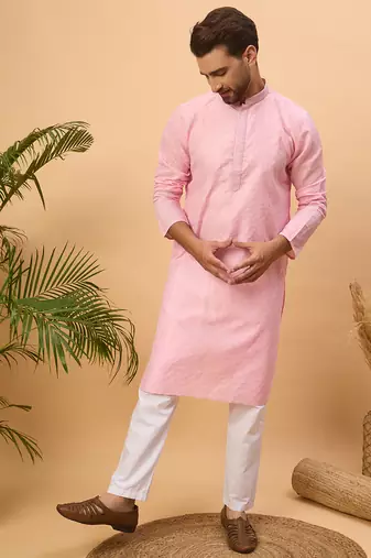 Men pink silk blend solid embroidered straight kurta with pant set