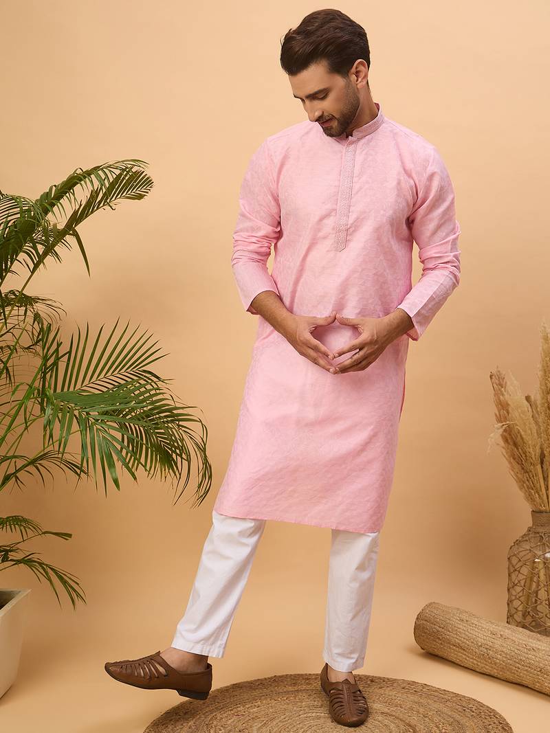 Men pink silk blend solid embroidered straight kurta with pant set