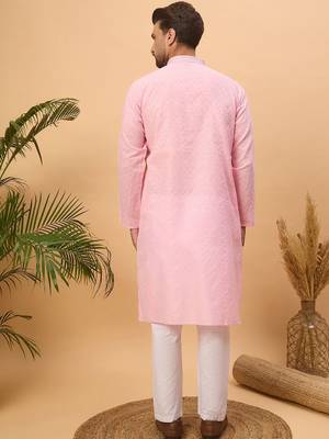 Men pink silk blend solid embroidered straight kurta with pant set 3