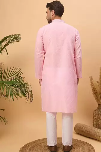 Men pink silk blend solid embroidered straight kurta with pant set
