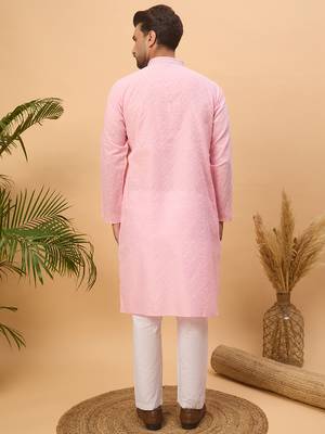 Men pink silk blend solid embroidered straight kurta with pant set 4