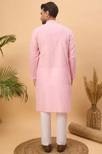 Men pink silk blend solid embroidered straight kurta with pant set