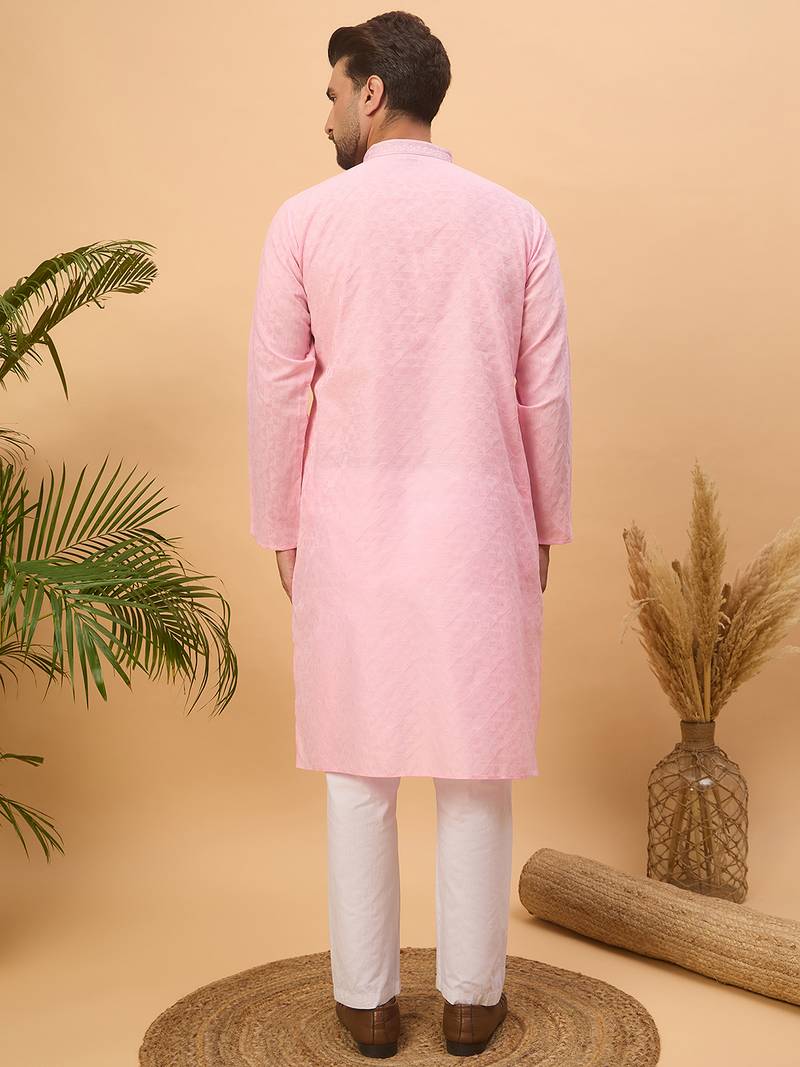 Men pink silk blend solid embroidered straight kurta with pant set