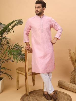 Men pink silk blend solid embroidered straight kurta with pant set 4