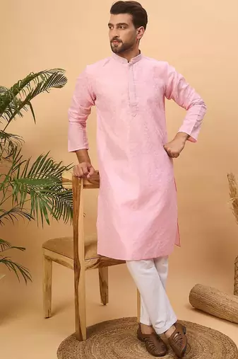 Men pink silk blend solid embroidered straight kurta with pant set