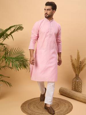 Men pink silk blend solid embroidered straight kurta with pant set 5