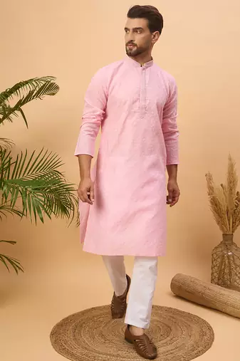 Men pink silk blend solid embroidered straight kurta with pant set