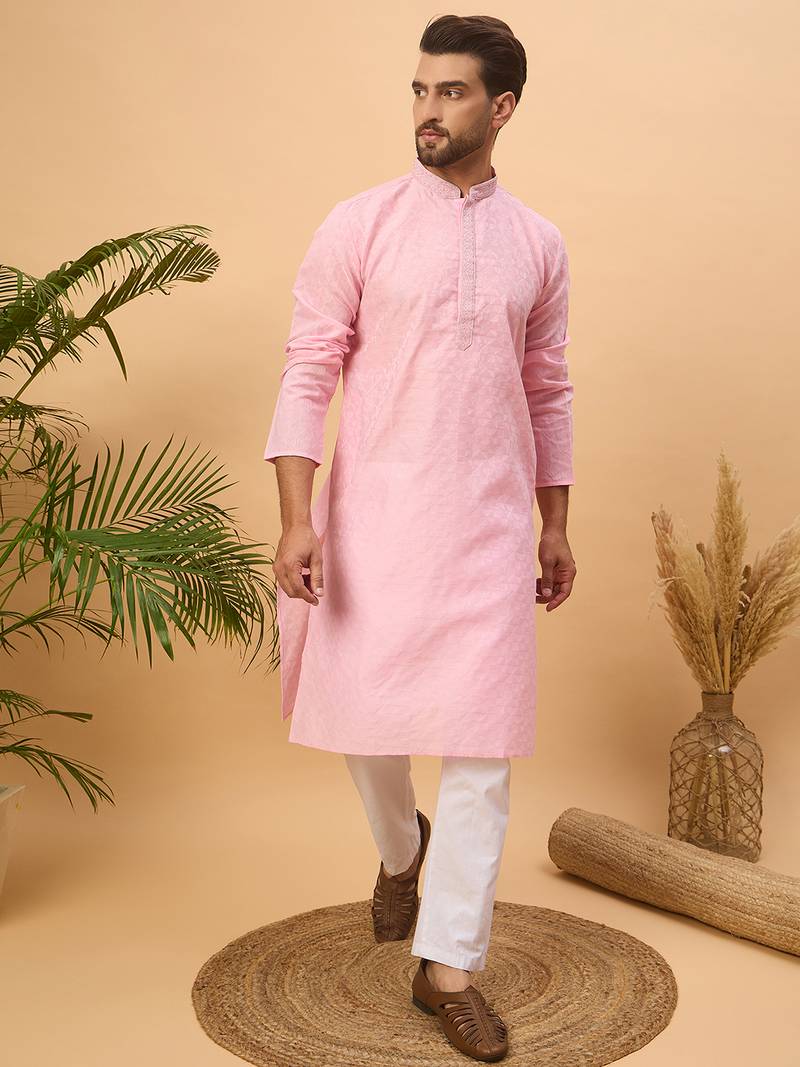 Men pink silk blend solid embroidered straight kurta with pant set
