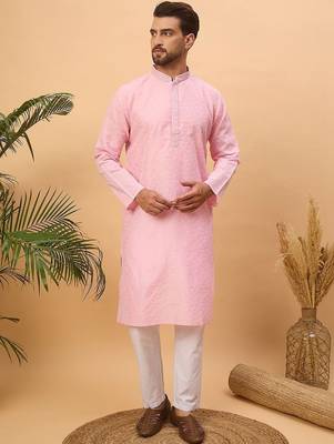 Men pink silk blend solid embroidered straight kurta with pant set 5