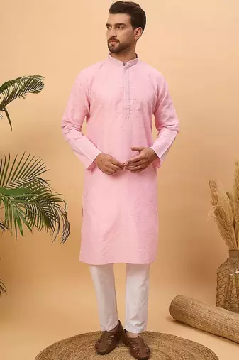 Men pink silk blend solid embroidered straight kurta with pant set