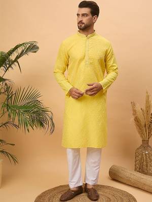 Men yellow silk blend solid embroidered straight kurta with pant set 1