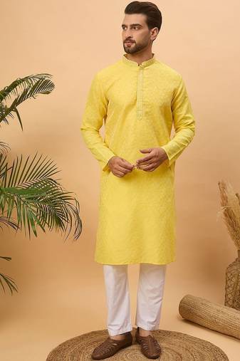 Men yellow silk blend solid embroidered straight kurta with pant set