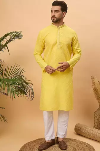 Men yellow silk blend solid embroidered straight kurta with pant set