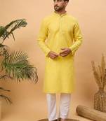 Men yellow silk blend solid embroidered straight kurta with pant set