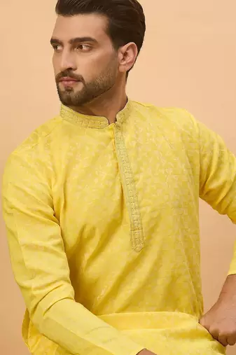 Men yellow silk blend solid embroidered straight kurta with pant set