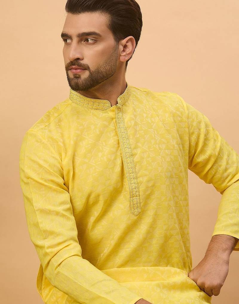 Men yellow silk blend solid embroidered straight kurta with pant set