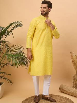 Men yellow silk blend solid embroidered straight kurta with pant set 3