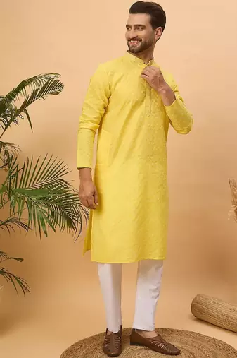 Men yellow silk blend solid embroidered straight kurta with pant set