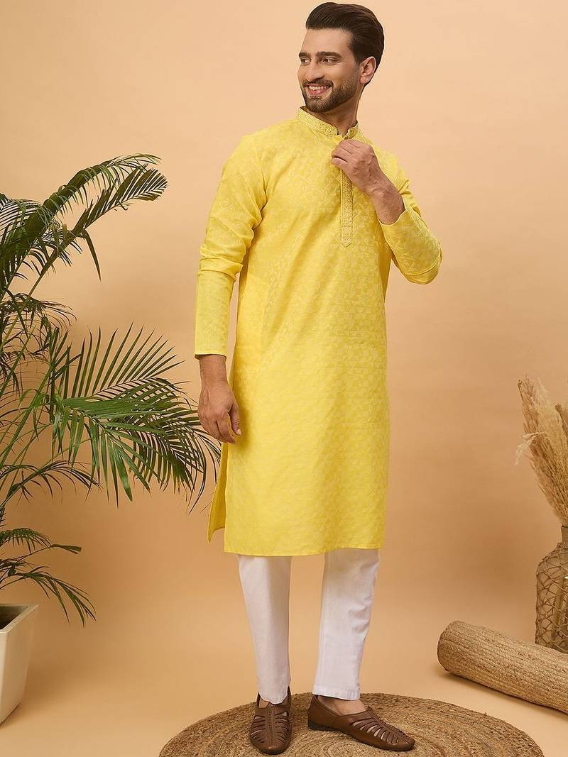 Men yellow silk blend solid embroidered straight kurta with pant set