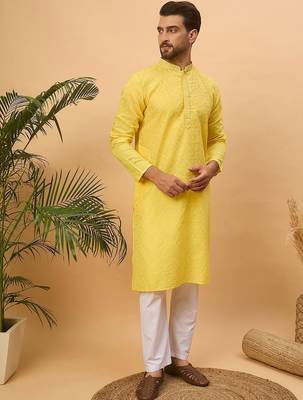 Men yellow silk blend solid embroidered straight kurta with pant set 4