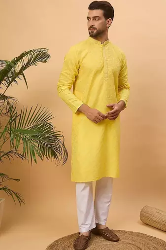 Men yellow silk blend solid embroidered straight kurta with pant set
