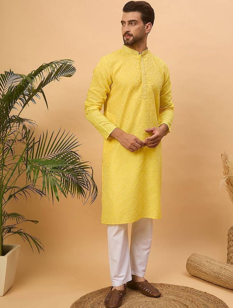 Men yellow silk blend solid embroidered straight kurta with pant set