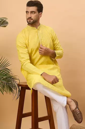 Men yellow silk blend solid embroidered straight kurta with pant set