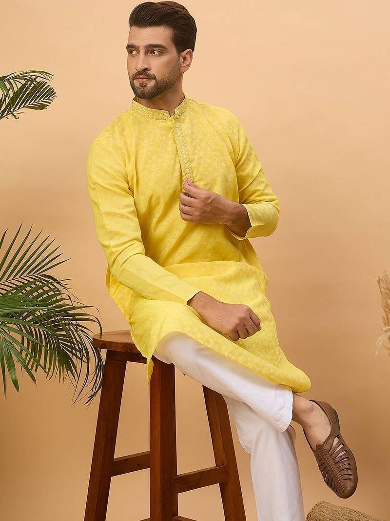 Men yellow silk blend solid embroidered straight kurta with pant set