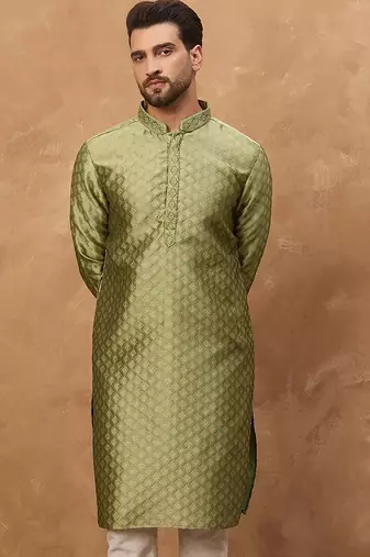 Men green silk blend solid woven design straight kurta with pant set