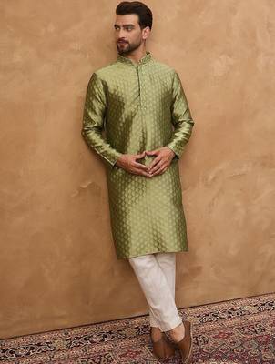 Men green silk blend solid woven design straight kurta with pant set 3