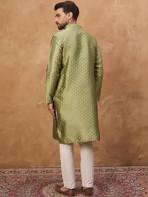 Men green silk blend solid woven design straight kurta with pant set 4