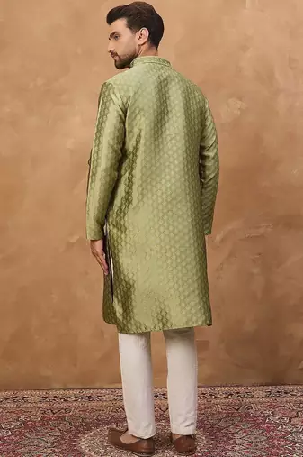 Men green silk blend solid woven design straight kurta with pant set