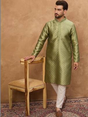 Men green silk blend solid woven design straight kurta with pant set 5
