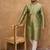 Men green silk blend solid woven design straight kurta with pant set