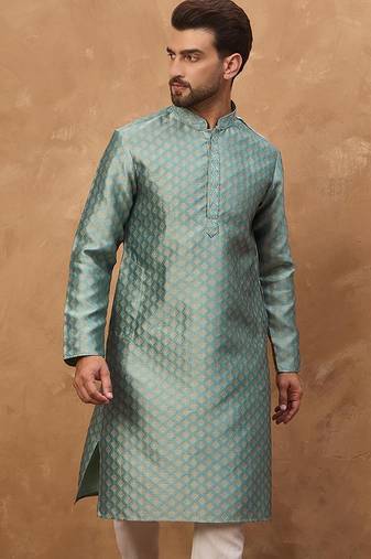 Men blue silk blend solid woven design straight kurta with pant set